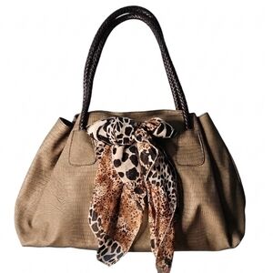 Penelope Ann Women's Taupe Textured Tote Bag with Leopard Scarf Accent